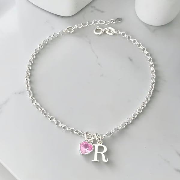 Sterling Silver Personalised Initial and Birthstone Bracelet Adjustable Bracelet