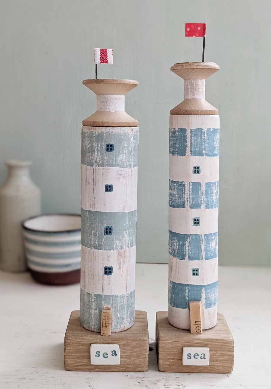 SALE - Wooden Lighthouse with Vintage Bobbin and Flag 'Sea'