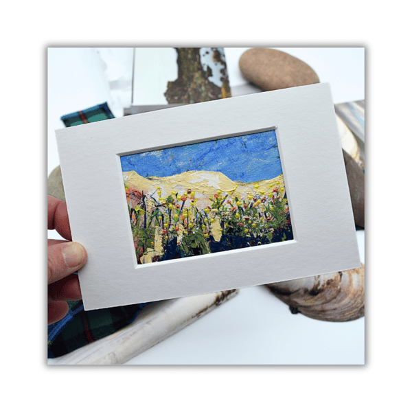 A small mounted painting - coastal flowers - sea - Scottish coast - acrylics