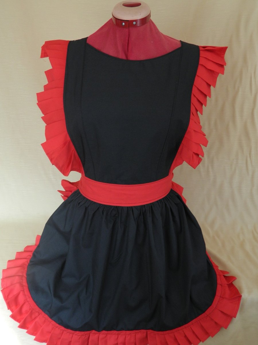 Vintage Victorian Style Full Apron Pinny - Black & Red
