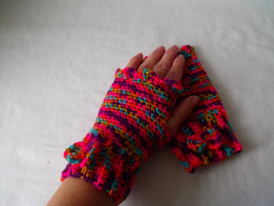 acrylic bright ladies fingerless mittens, crocheted fingerless gloves, medium