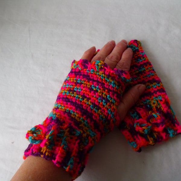 acrylic bright ladies fingerless mittens, crocheted fingerless gloves, medium