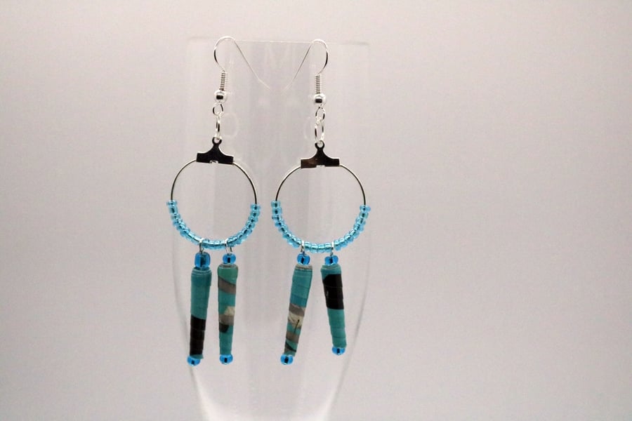 Blue paper bead earrings on a round silvery hoop
