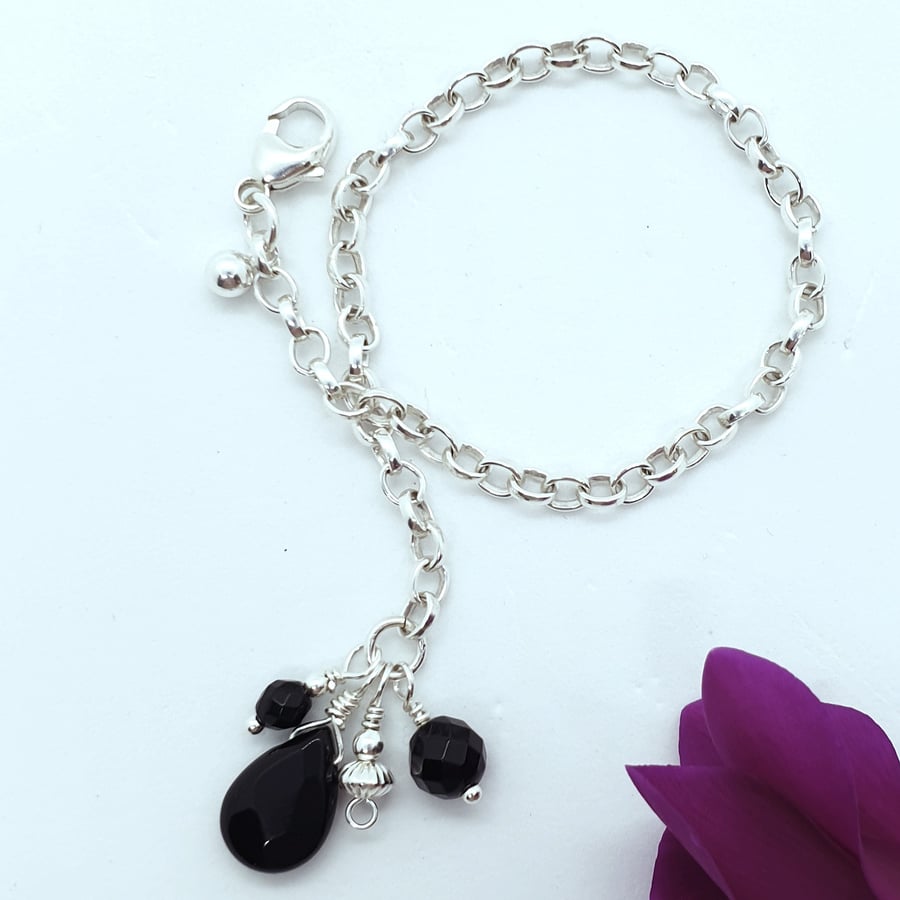 Black Onyx Sterling Silver Cluster Bracelet