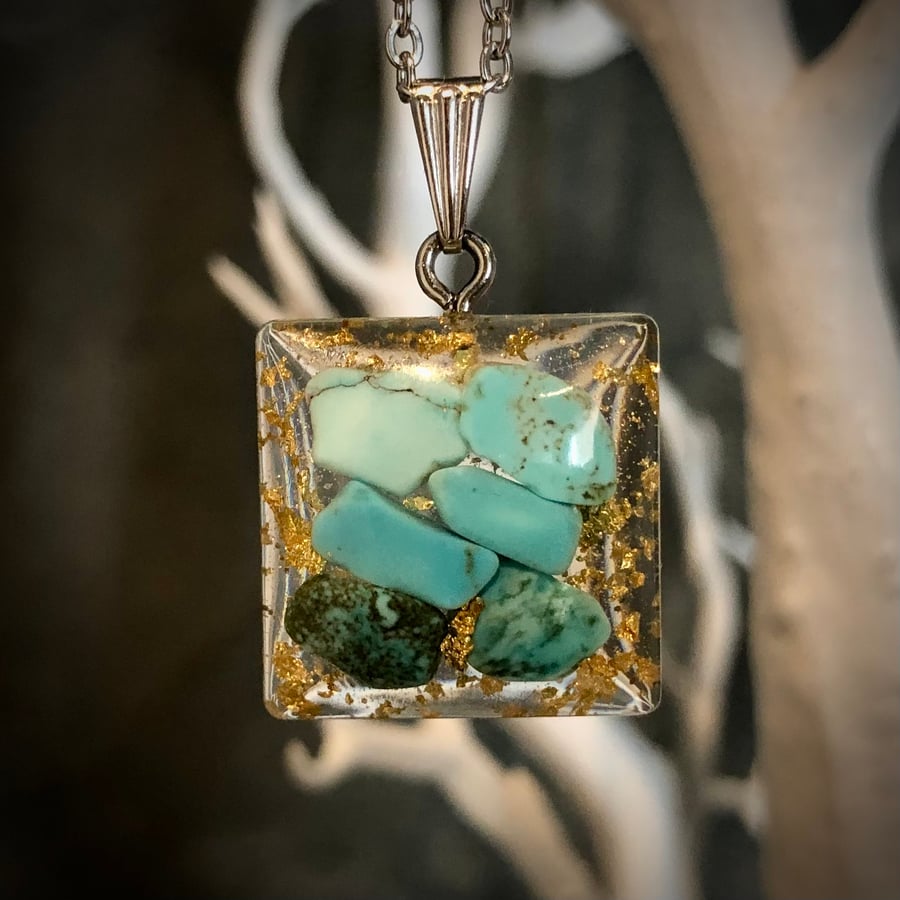 Crystal Energy Square Pendant with Turquoise gemstones and gold leaf (medium)