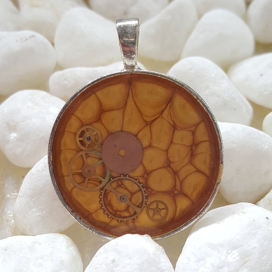Steampunk Cog Resin Pendant Necklace - Hand Painted Golden Yellow