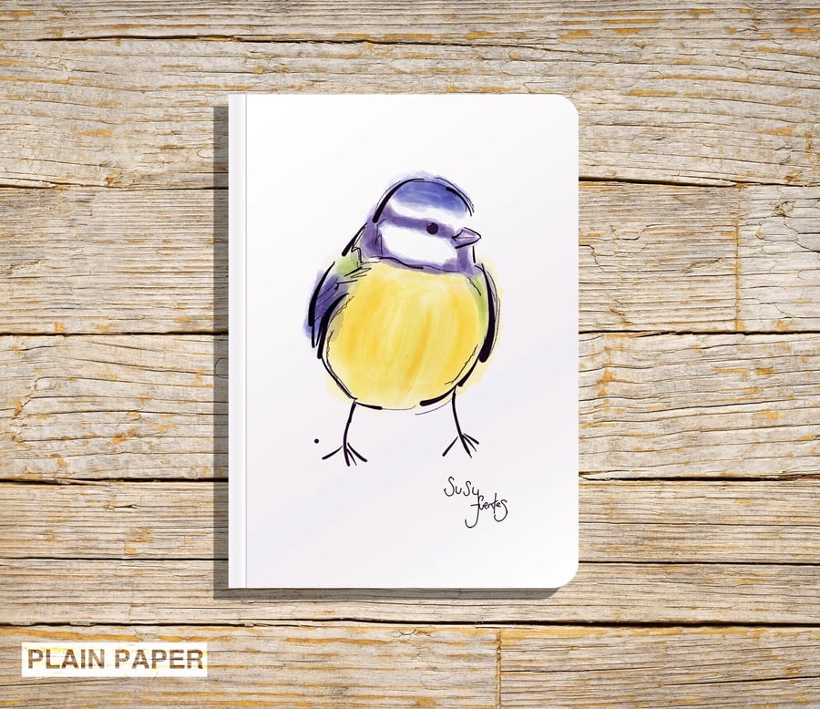 Bird Notebook, Blue Tit Notepad, A6 Notebook, Lined or Plain Paper, Blue Tits