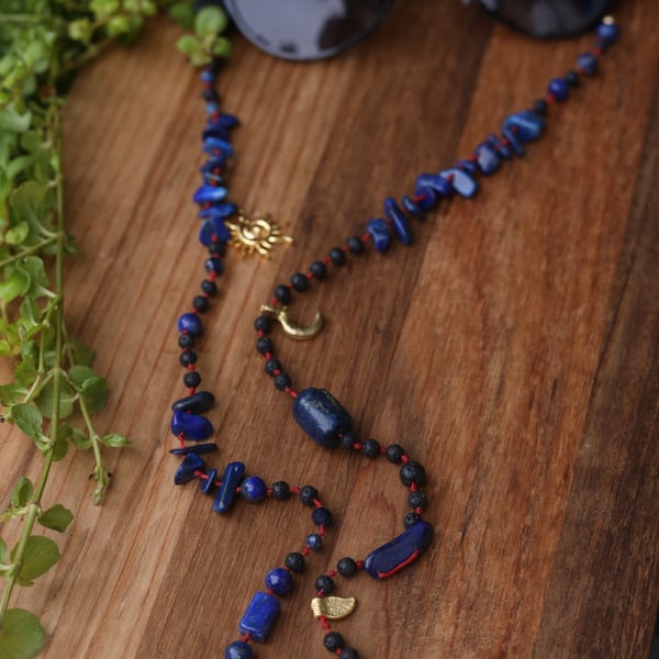 Glasses chain with natural stones lapis lazuli and lava stone
