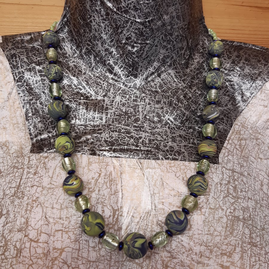 Colourful necklace in sage and blue                           