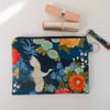 Make up purse floral print Japanese theme midnight blue