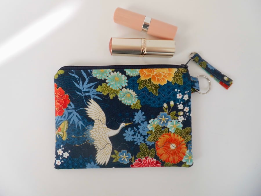 SOLD Make up purse floral print Japanese theme midnight blue