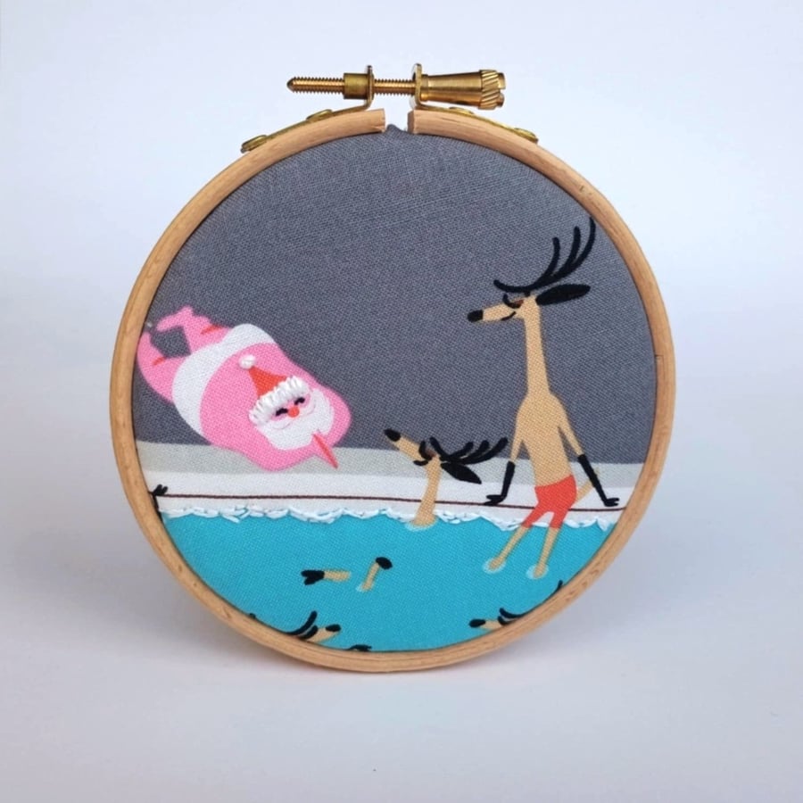 Santa and reindeer Christmas decoration - mini fabric picture