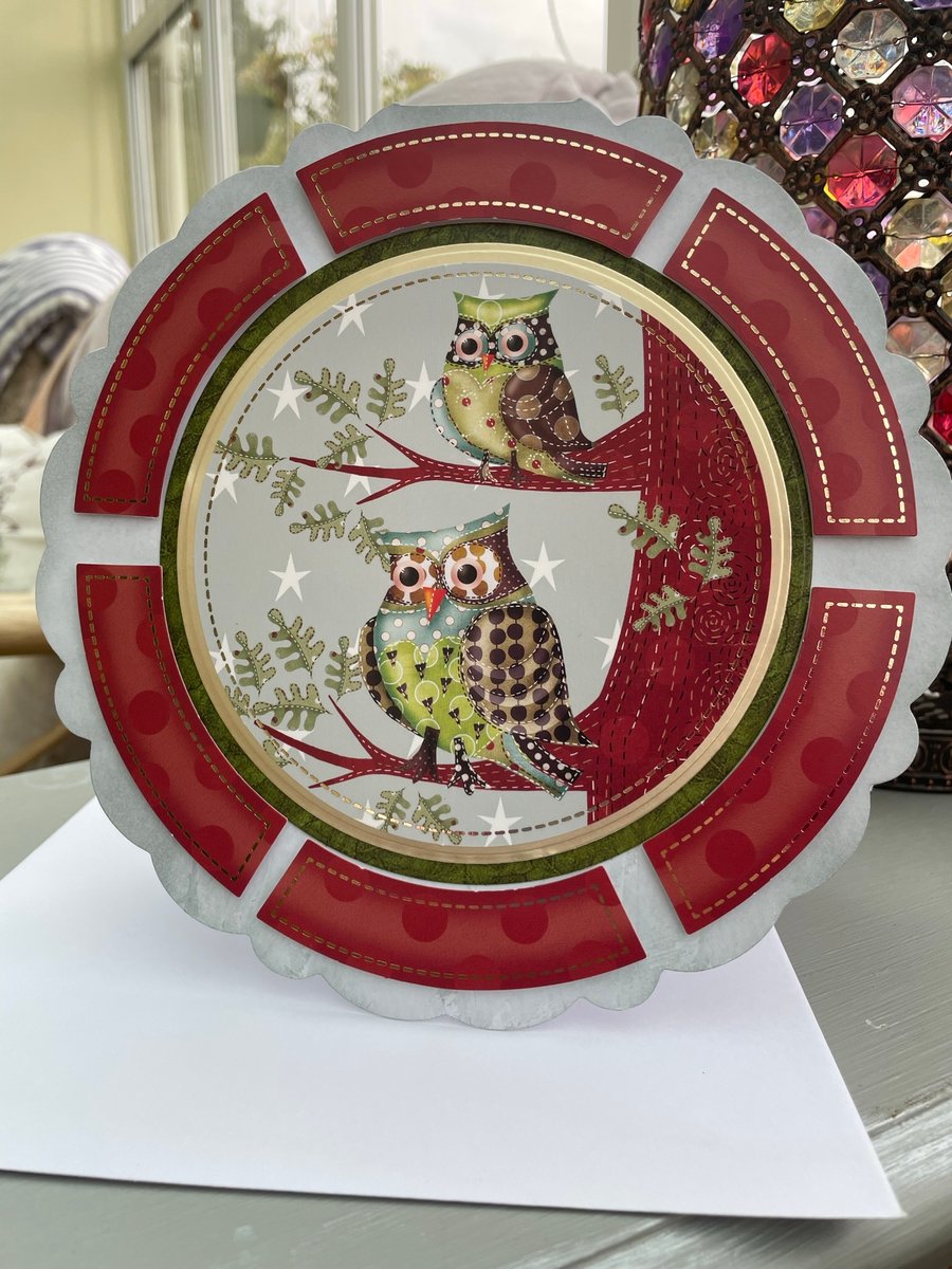 Pair of patchwork cute owls birthday card