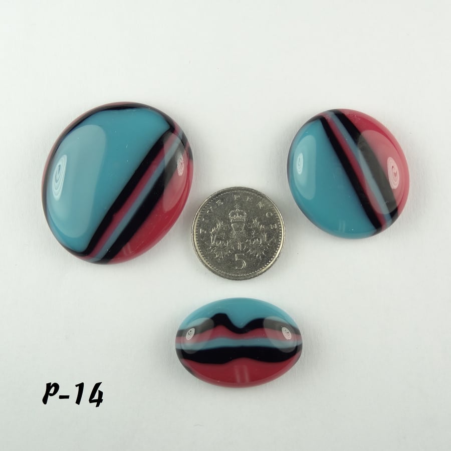 Fused glass cabochons flat backed perfect for jewellery making, blue pink (P-14)