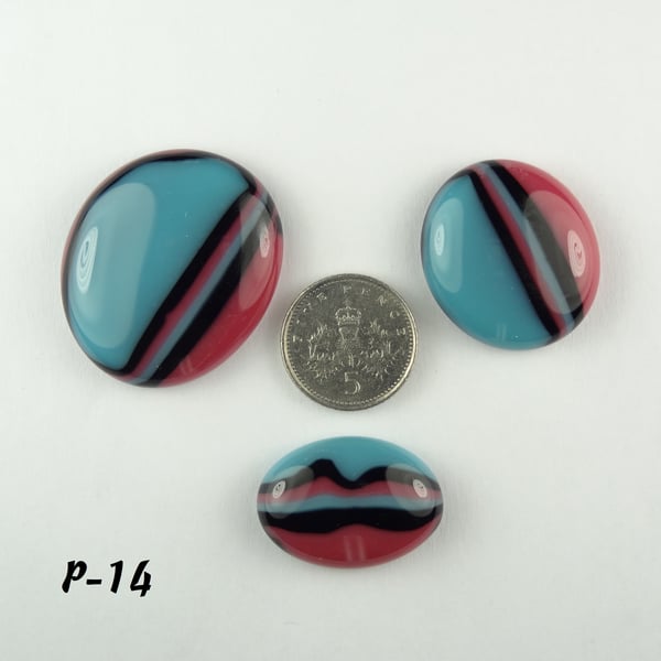 Fused glass cabochons flat backed perfect for jewellery making, blue pink (P-14)