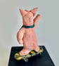Hand-Built Ceramic Skateboard Pig Sculpture on Wood Block - Image 2
