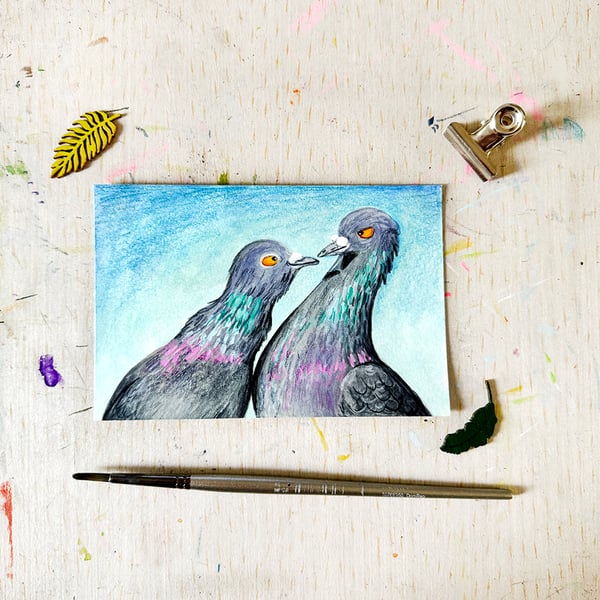 Original Pigeon Couple 3 Painting - Mixed Media - One of a kind