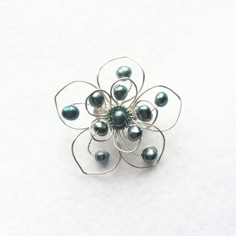 Freshwater Pearl and Silver Plated Flower Brooch