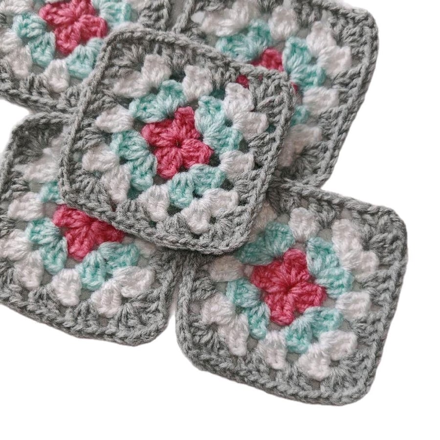 Handmade Crochet Granny Squares Mint Whisper Blush, 3-inch Patches