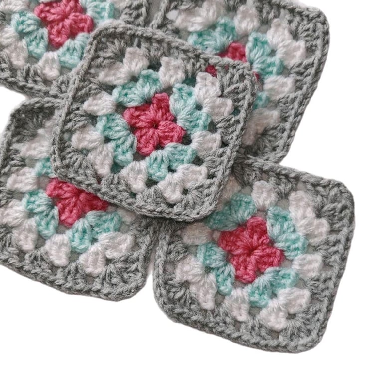 Handmade Crochet Granny Squares Mint Whisper Blush, 3-inch Patches