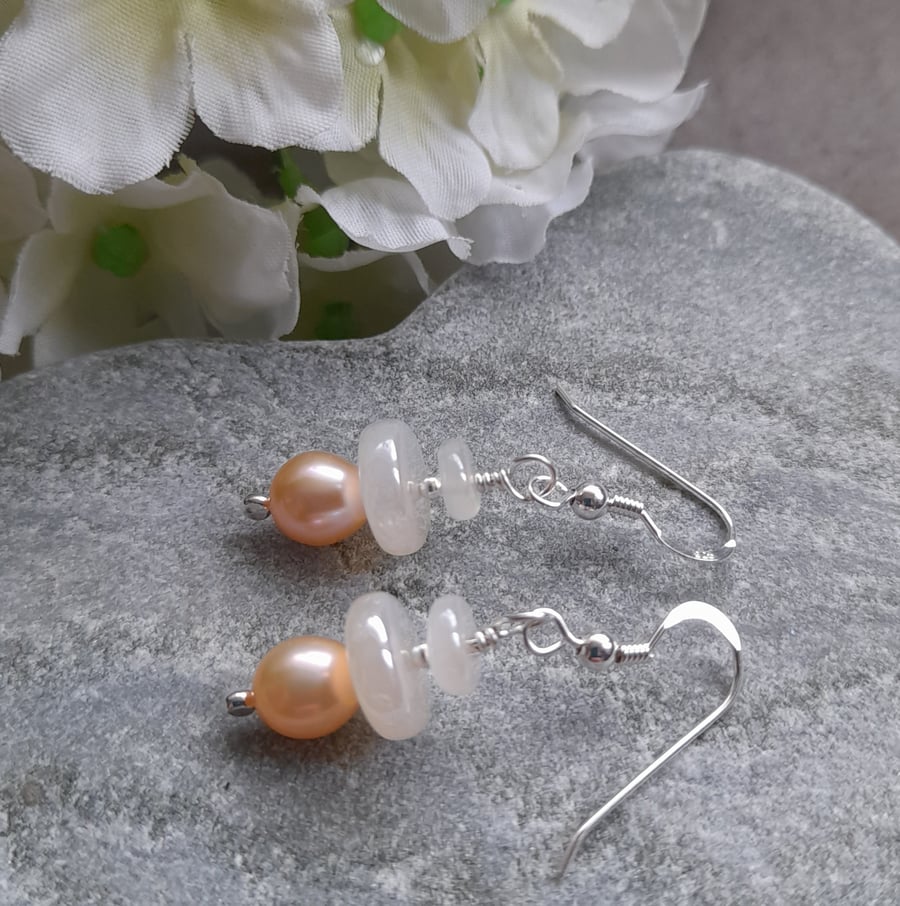  Freshwater Pearl and Chalcedony Semi Precious Gemstone Sterling Silver Earrings