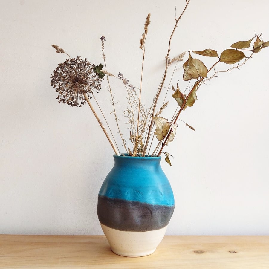 Beautiful  large handmade thrown stoneware pottery vase shells sea blue-green