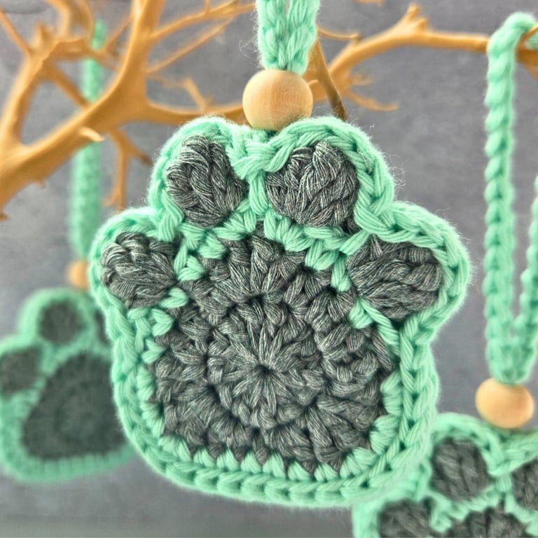 Crochet Paw Print Hanging Decoration, Essential Oil Diffuser - Mint Green & Grey