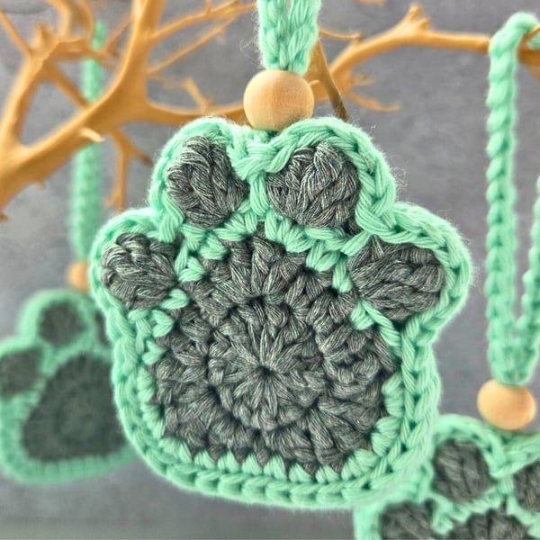 Crochet Paw Print Hanging Decoration, Essential Oil Diffuser - Mint Green & Grey