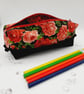 Red roses and black denim, pencil case with a bobble trim.  - Image 6