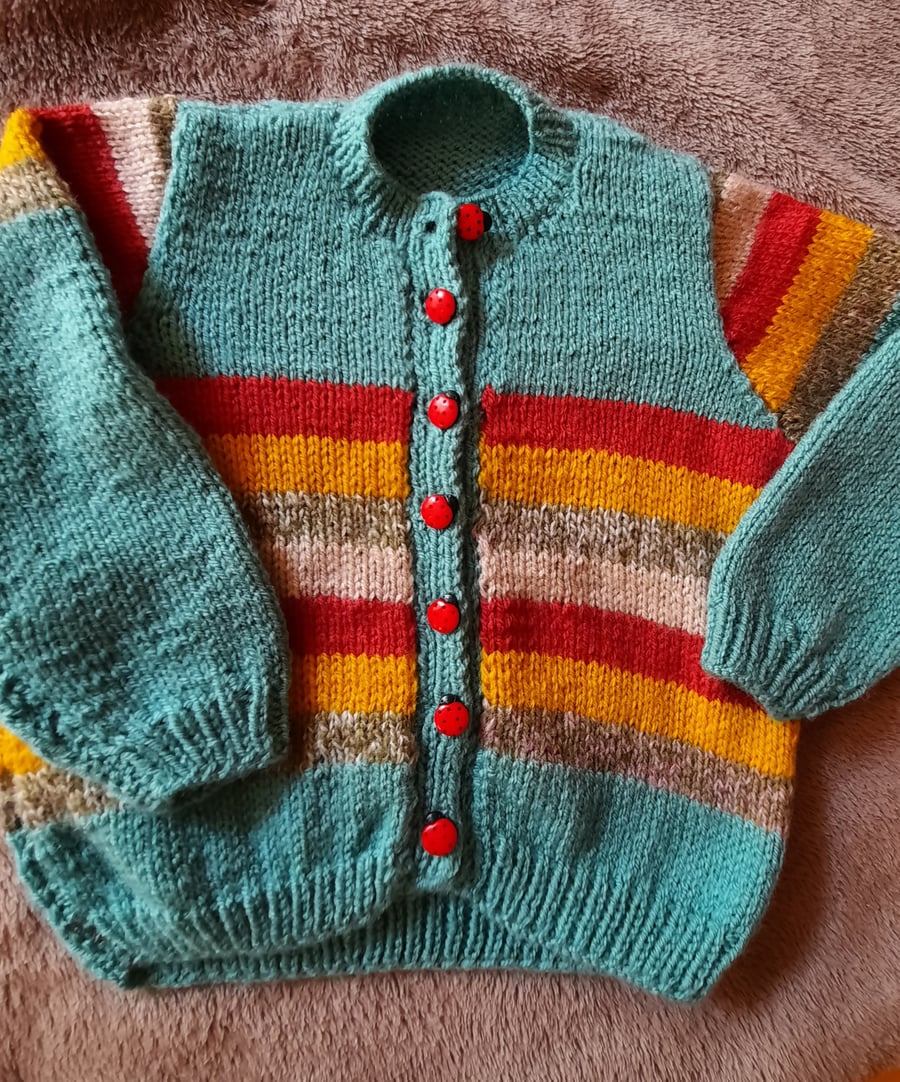 Aqua and Autumn Stripes hand knitted baby cardigan 