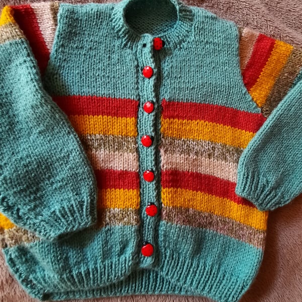 Aqua and Autumn Stripes hand knitted baby cardigan 