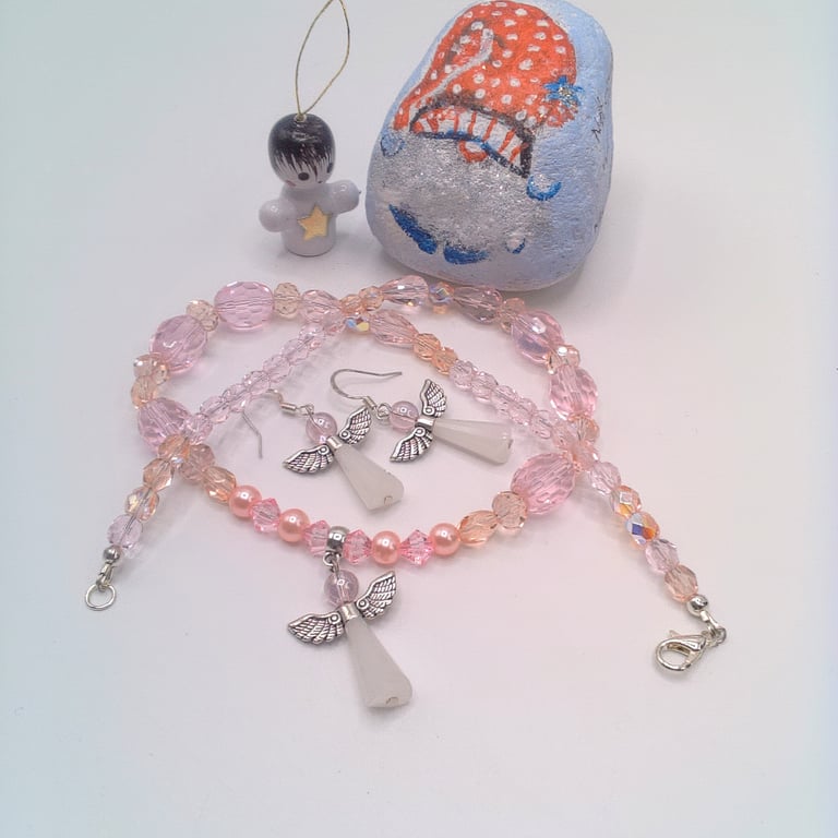 Beaded Christmas Angel Pendant on a Pink Crystal Necklace with Matching Earrings