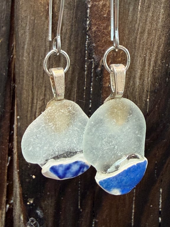 Pretty blue sea glass and blue sea pottery dangle earrings 