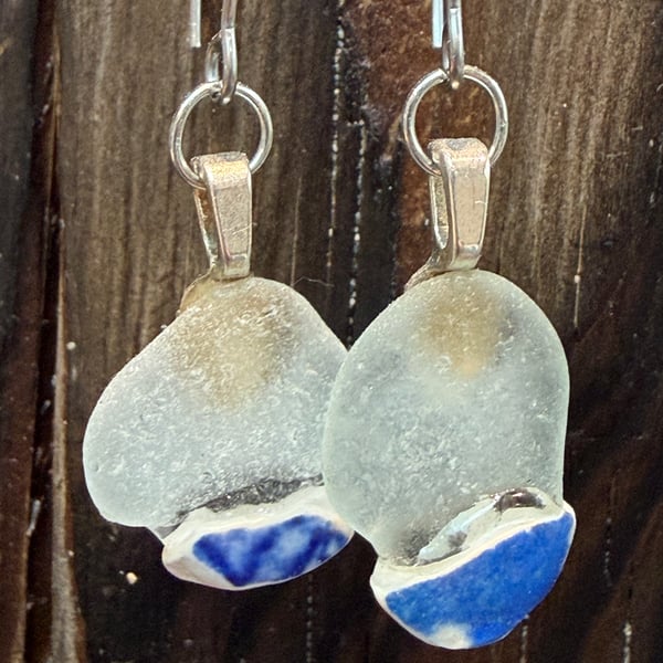 Pretty blue sea glass and blue sea pottery dangle earrings 