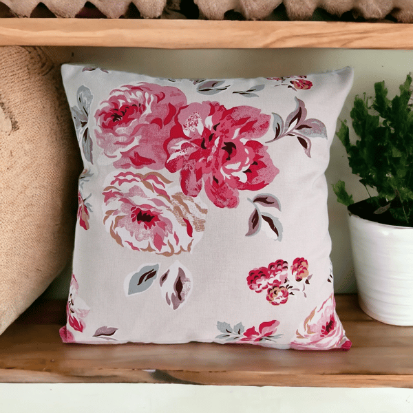 Rose Print Raspberry Floral Handmade Cushion 40 x 40 cm