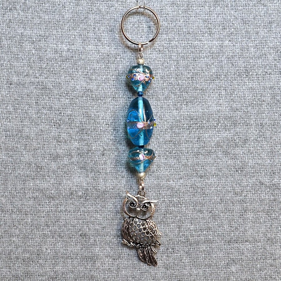Keyring or Bag Charm – Silver-Plated Owl Charm and Decorative Blue Glass Beads