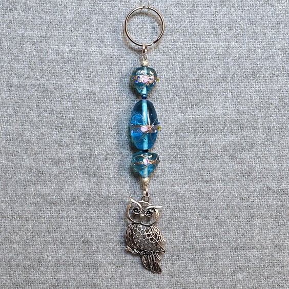 Keyring or Bag Charm – Silver-Plated Owl Charm and Decorative Blue Glass Beads
