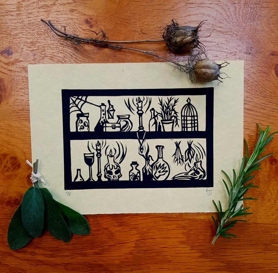 Witch's Shelf - A5 Lino Print