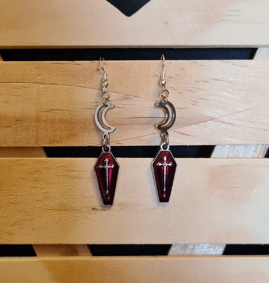 Spooky Moon Coffin Dangly Earrings 