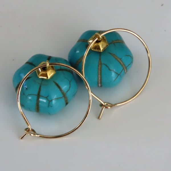 Turquoise Earrings With Gold Bead on Gold Hoops Drops Dangle