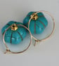 Turquoise Earrings With Gold Bead on Gold Hoops Drops Dangle