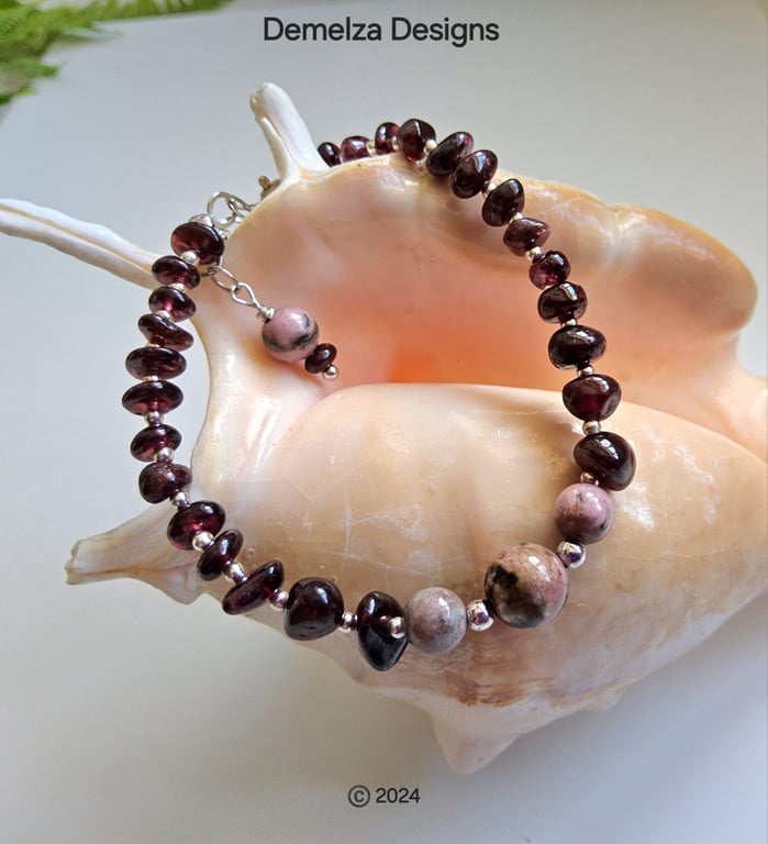 Designer Ruby Red Garnet & Rare Rhodonite Sterling Silver Bracelet