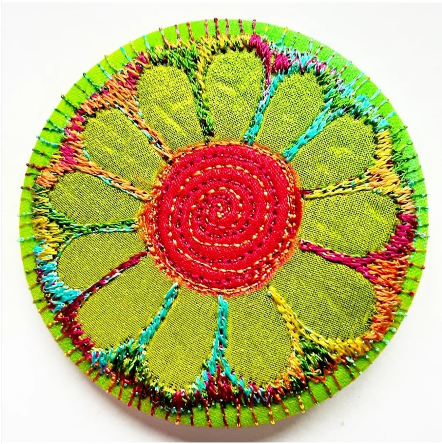 58mm Fabric Badge with Free Machine Embroidery Green and pink Flower 