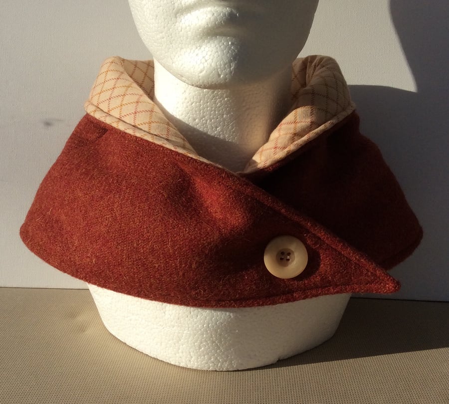 Neck warmer, scarf, snood, cowl, brick red tweed fabric