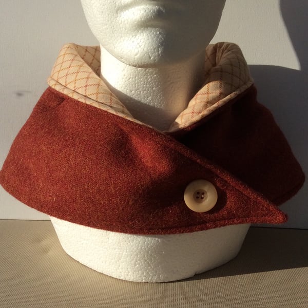Neck warmer, scarf, snood, cowl, brick red tweed fabric