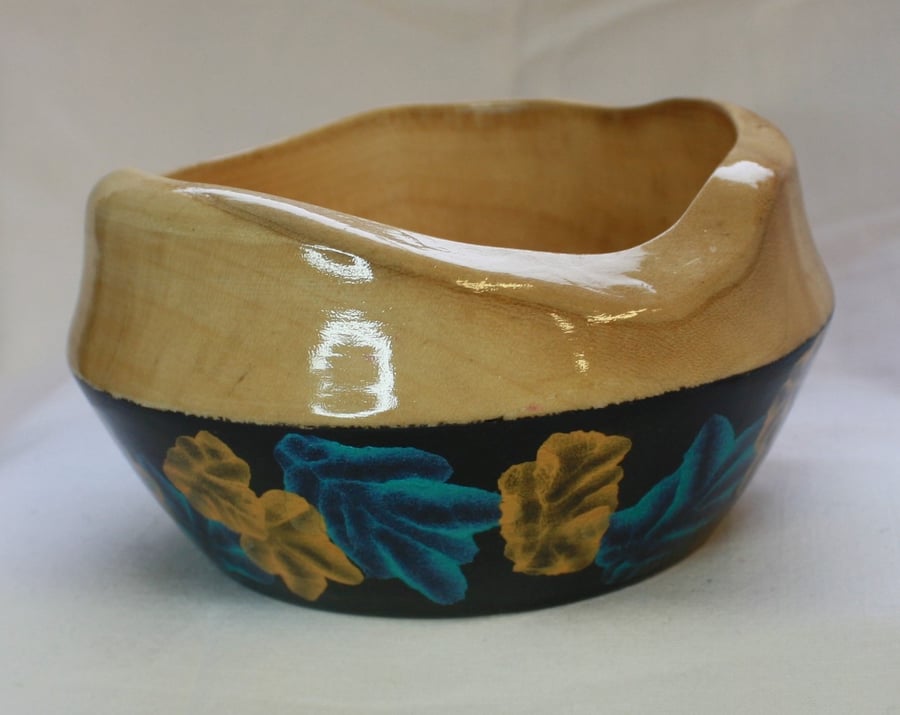 Unique Sycamore Wood Trinket Bowl with Irridescent Blue, Black and Gold Base