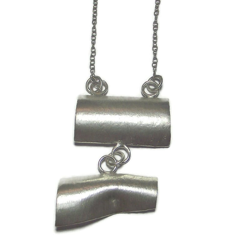 Unusual Sterling Silver Pendant, Handmade Sculptural Double Rectangle Necklace