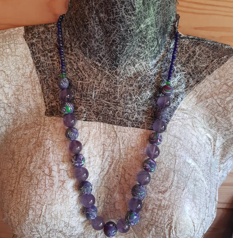 Handmade purple, green and white polymer clay necklace