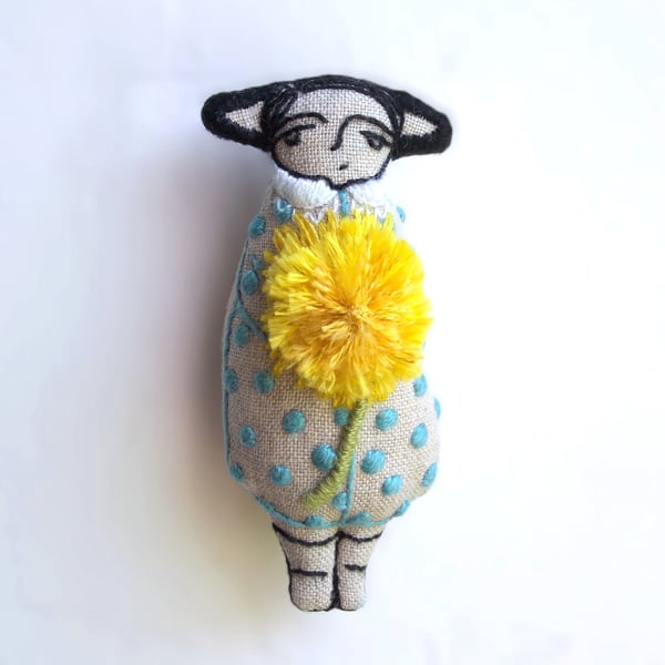 Gorse Fae with Dandelion - A Miniature Hand Embroidered Textile Art Doll, 7.5cms