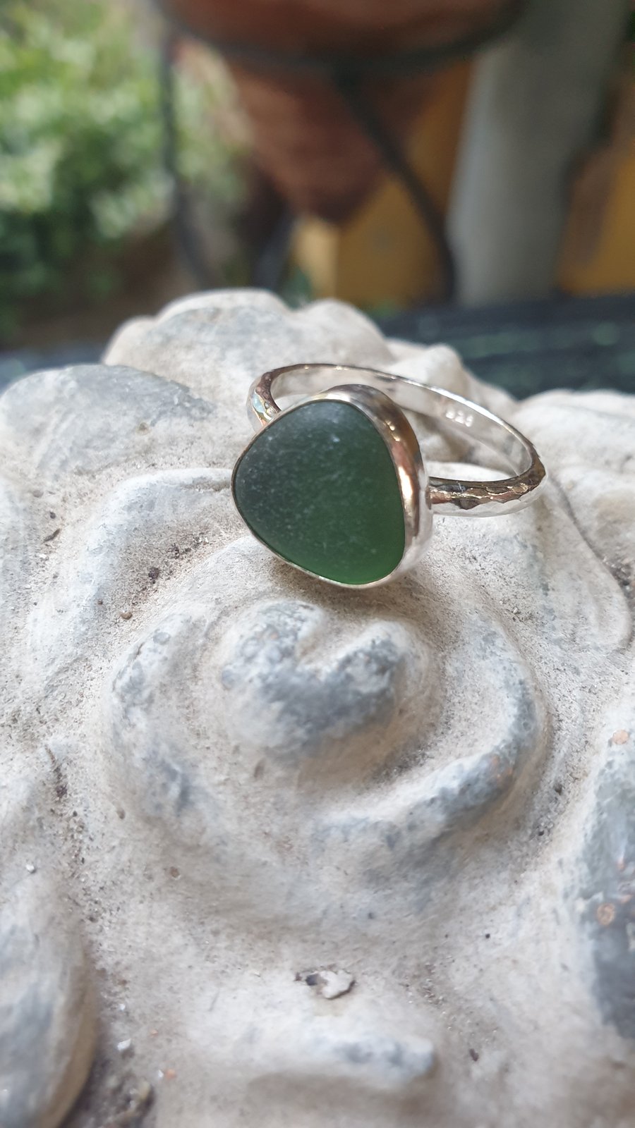 Beautiful Sterling Silver 925 Dark Green Seaham Seaglass Ring
